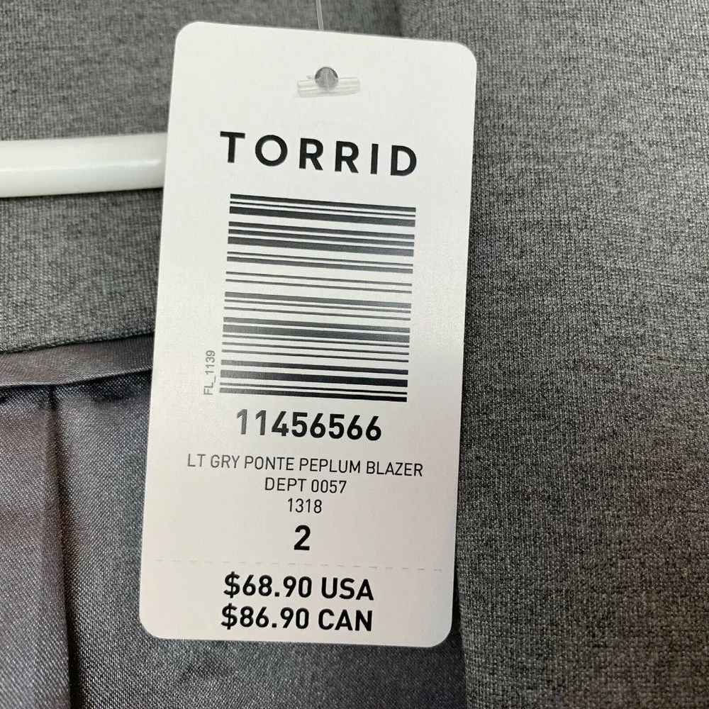 Torrid Blazer UpTown Peplum Blazer Ponte Stretch Grey Sz 2 Womens 14 16 NWT $68_10
